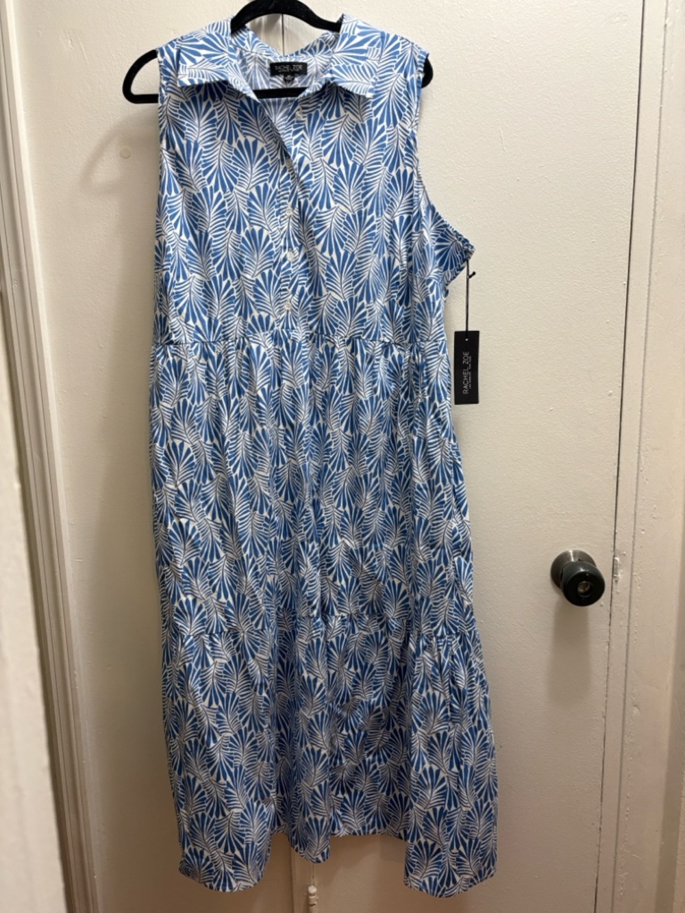 NWT Rachel Zoe Blue & White Leaf-Print Sleeveless Shirt Midi Dress 2X